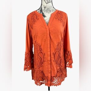 Chico's Orange Cotton Lace Bell Sleeves Embroidered Button down Top size 0 (4-6)